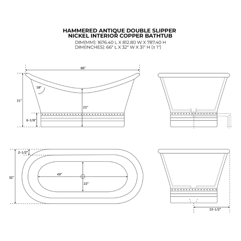 Coppersmith Creations Double Slipper Nickel Interior Copper Bathtub (2 sizes, Hammered Copper Exterior, Nickel Interior) - Brand New Bathrooms