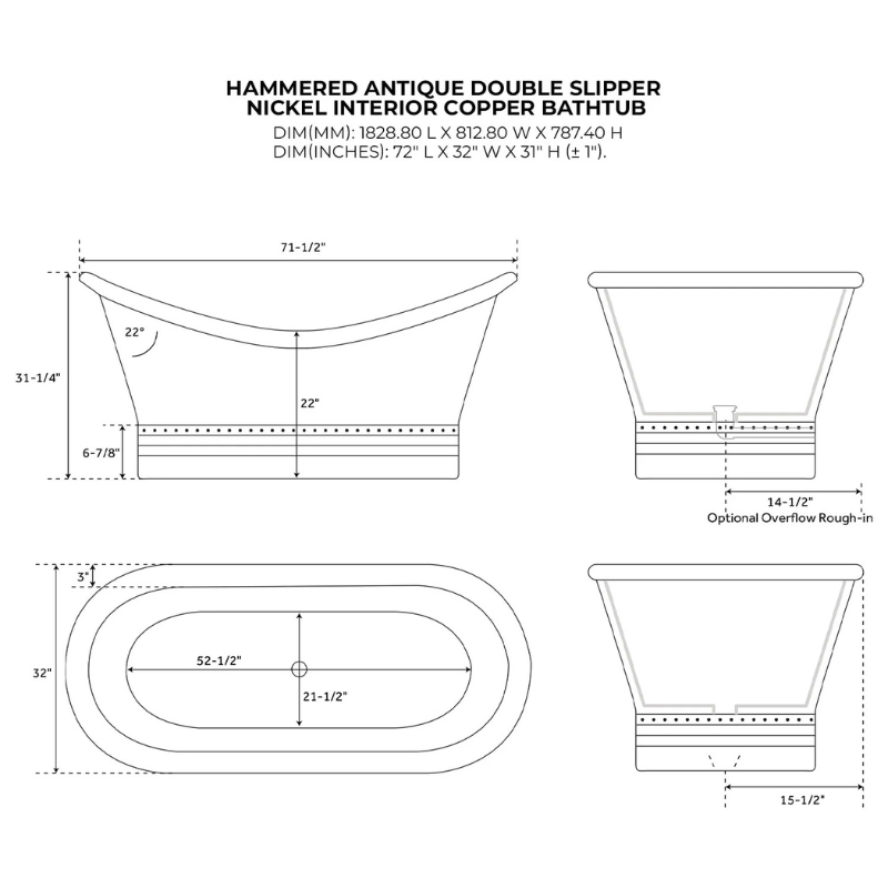 Coppersmith Creations Double Slipper Nickel Interior Copper Bathtub (2 sizes, Hammered Copper Exterior, Nickel Interior) - Brand New Bathrooms