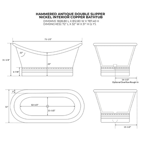 Coppersmith Creations Double Slipper Nickel Interior Copper Bathtub (2 sizes, Hammered Copper Exterior, Nickel Interior) - Brand New Bathrooms