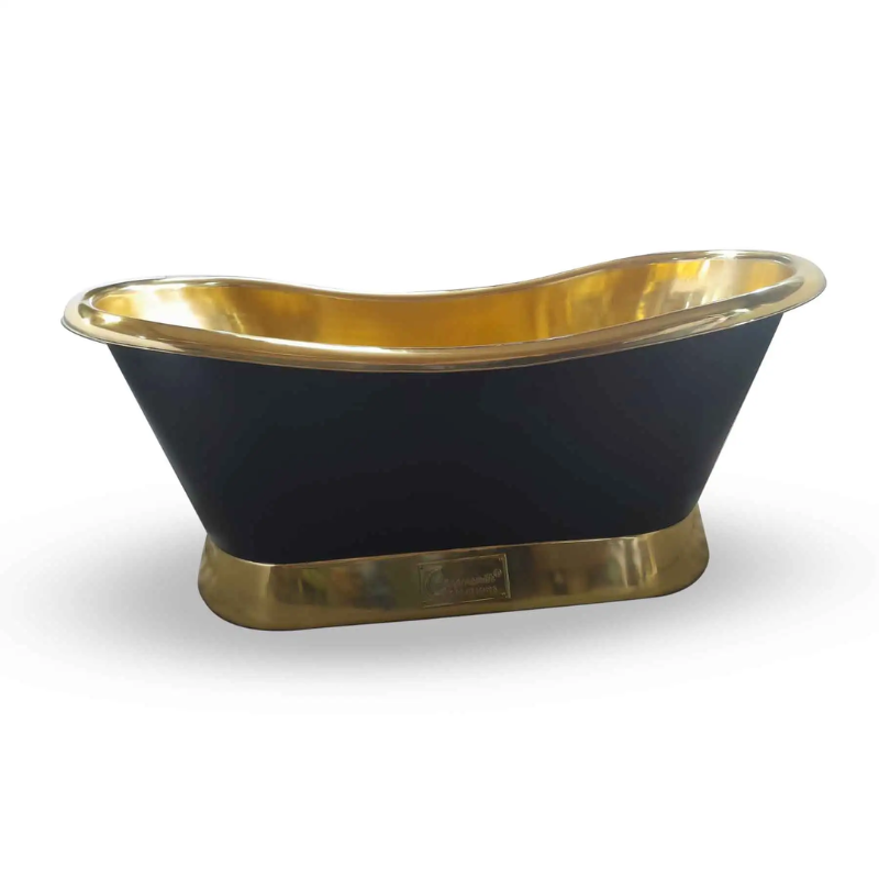 Coppersmith Creations Slanting Base Brass Bathtub (1 size, Polished Brass Interior & Base, Matt Black Exterior) - Brand New Bathrooms