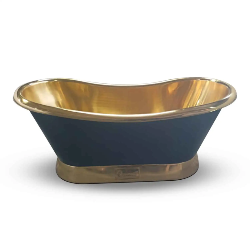 Coppersmith Creations Slanting Base Brass Bathtub (1 size, Polished Brass Interior & Base, Matt Black Exterior) - Brand New Bathrooms