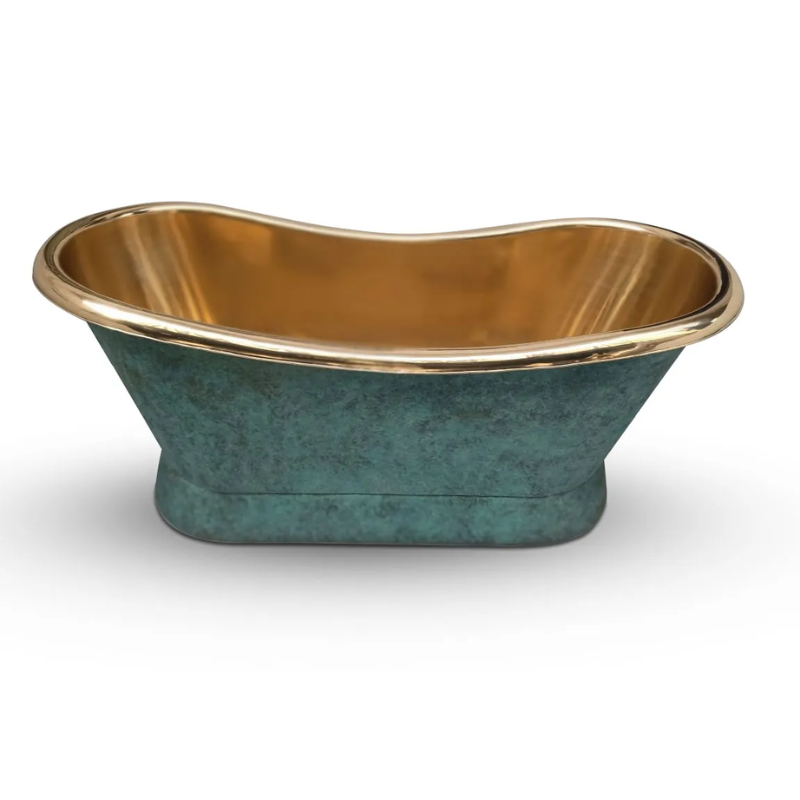 Coppersmith Creations Slanting Base Brass Bathtub (1 size, Polished Brass Interior, Blue/Green Patina Exterior) - Brand New Bathrooms