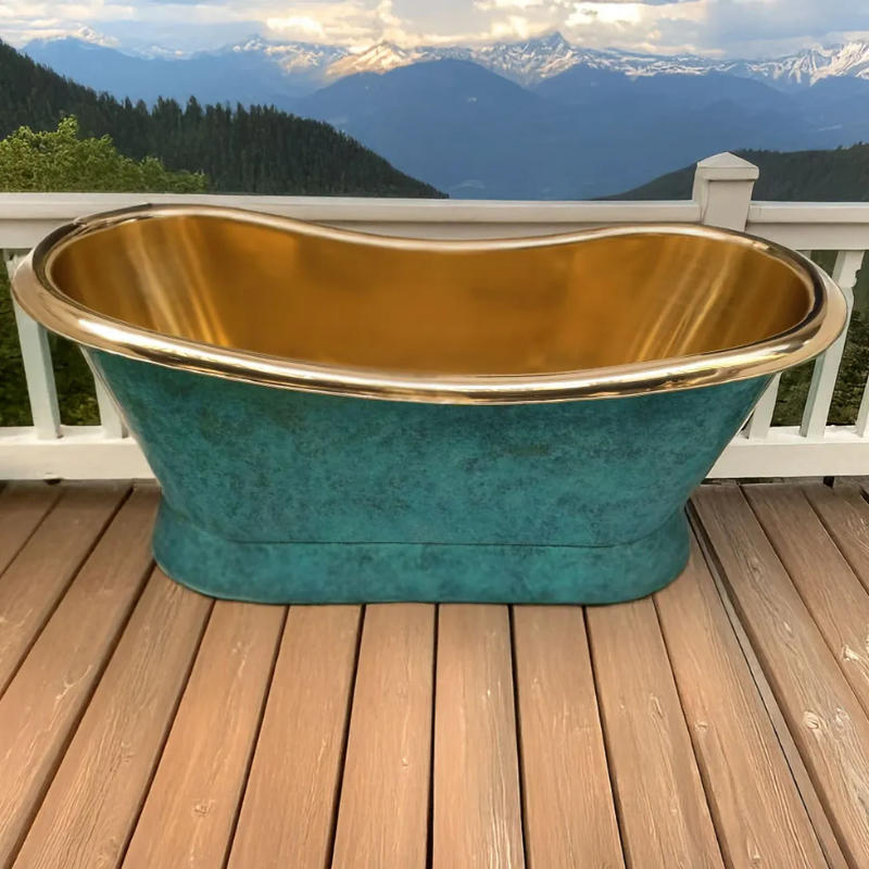 Coppersmith Creations Slanting Base Brass Bathtub (1 size, Polished Brass Interior, Blue/Green Patina Exterior) - Brand New Bathrooms