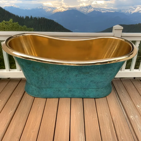 Coppersmith Creations Slanting Base Brass Bathtub (1 size, Polished Brass Interior, Blue/Green Patina Exterior) - Brand New Bathrooms