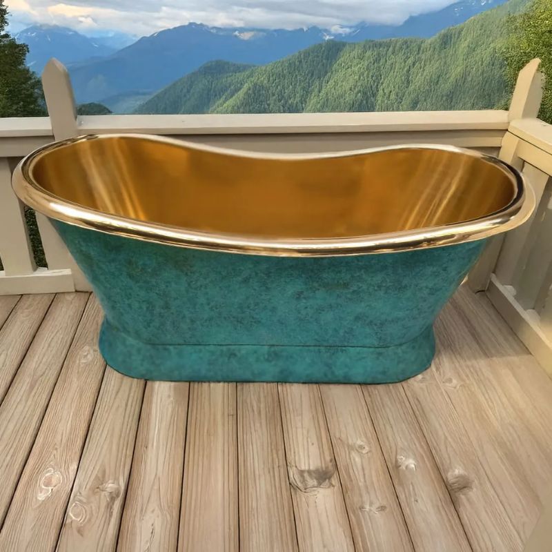Coppersmith Creations Slanting Base Brass Bathtub (1 size, Polished Brass Interior, Blue/Green Patina Exterior) - Brand New Bathrooms