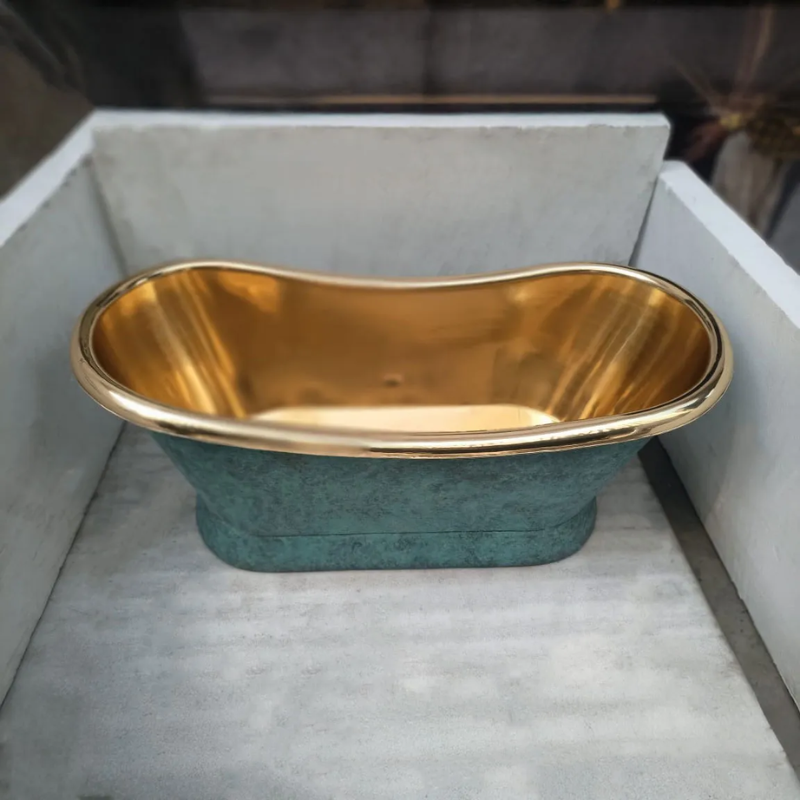 Coppersmith Creations Slanting Base Brass Bathtub (1 size, Polished Brass Interior, Blue/Green Patina Exterior) - Brand New Bathrooms