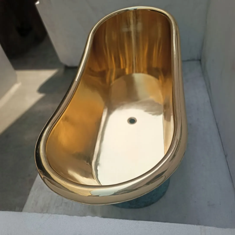 Coppersmith Creations Slanting Base Brass Bathtub (1 size, Polished Brass Interior, Blue/Green Patina Exterior) - Brand New Bathrooms