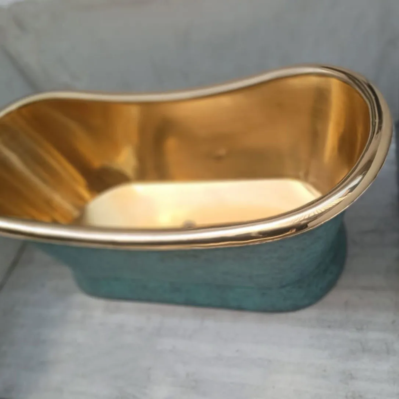 Coppersmith Creations Slanting Base Brass Bathtub (1 size, Polished Brass Interior, Blue/Green Patina Exterior) - Brand New Bathrooms