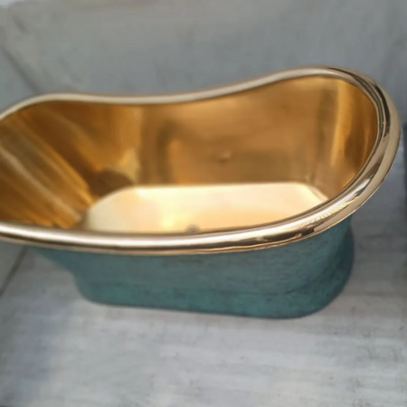 Coppersmith Creations Slanting Base Brass Bathtub (1 size, Polished Brass Interior, Blue/Green Patina Exterior) - Brand New Bathrooms
