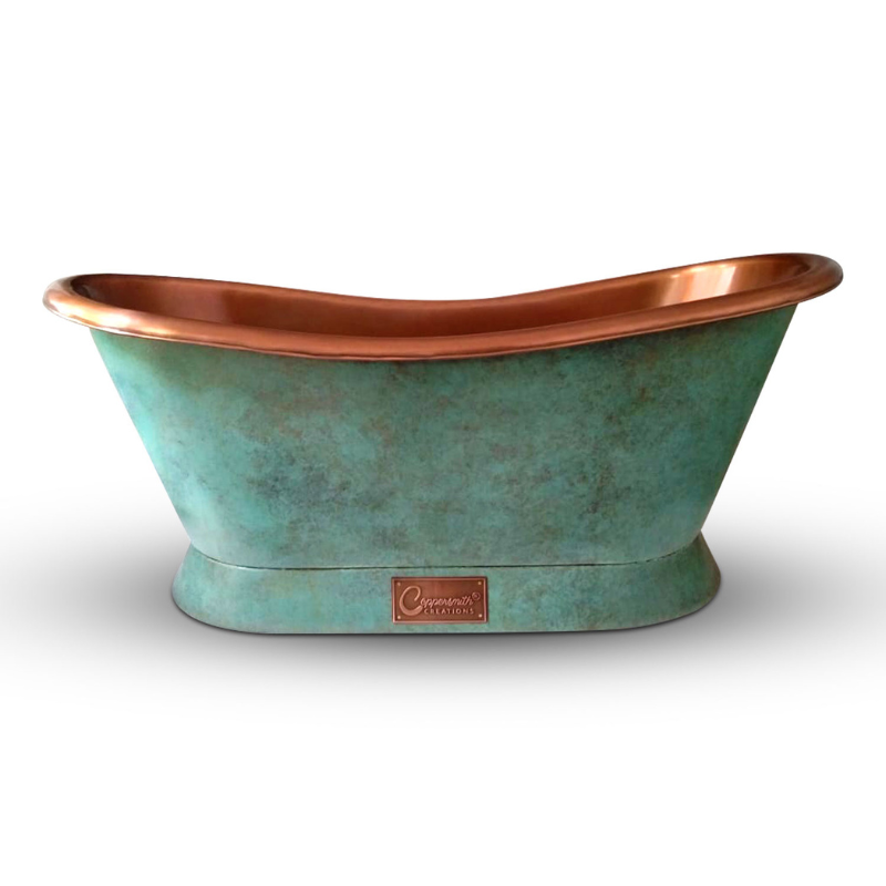 Coppersmith Creations Slanting Base Copper Bathtub (1 size, Blue-Green Patina Exterior) - Brand New Bathrooms
