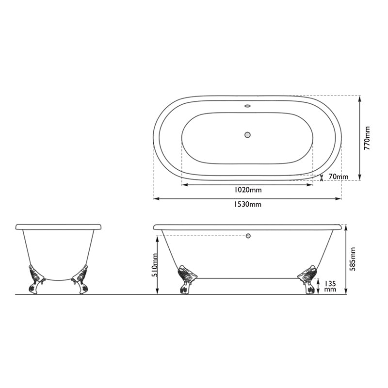 Hurlingham Dryden Small Double Ended Cast Iron Clawfoot Bathtub (1 size, any colour) - Brand New Bathrooms
