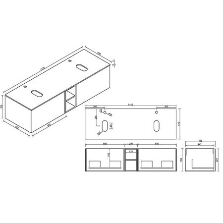 Tailored Bathrooms Flauto Wall Hung Double 1400mm Vanity Unit with Storage Box and Sintered Stone Counter Top (1 size, 4 colours) - Brand New Bathrooms
