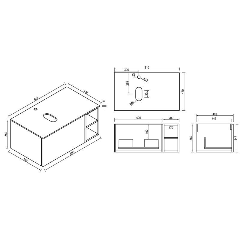Tailored Bathrooms Flauto Wall Hung 800mm Vanity with Side Storage & Right Hand Sintered Stone Counter Top (1 size, 4 colours) - Brand New Bathrooms
