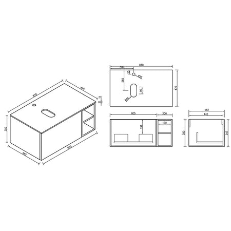 Tailored Bathrooms Flauto Wall Hung 800mm Vanity with Side Storage & Right Hand Sintered Stone Counter Top (1 size, 4 colours) - Brand New Bathrooms