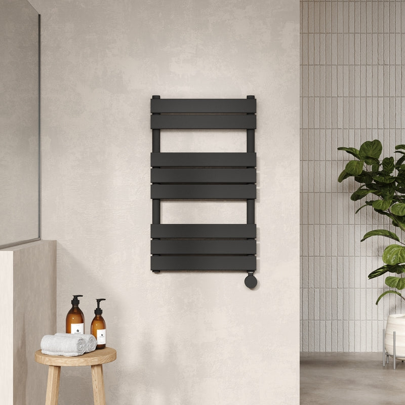 Nuie Electric Flat Panel Towel Radiator (2 sizes, Matt Black) - Brand New Bathrooms