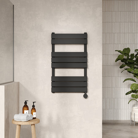 Nuie Electric Flat Panel Towel Radiator (2 sizes, Matt Black) - Brand New Bathrooms