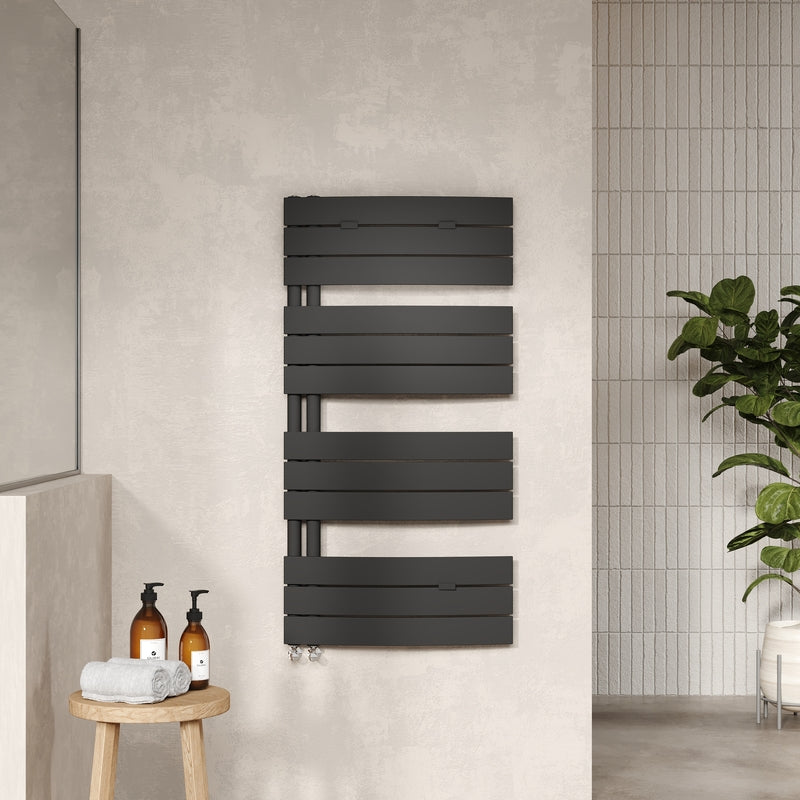 Nuie Electric Flat Panel Towel Radiator (2 sizes, Matt Black) - Brand New Bathrooms