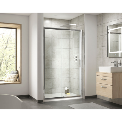Hudson Reed Pacific Chrome Framed Sliding Shower Door- 6 mm Glass (4 sizes, 2 styles, Chrome) - Brand New Bathrooms