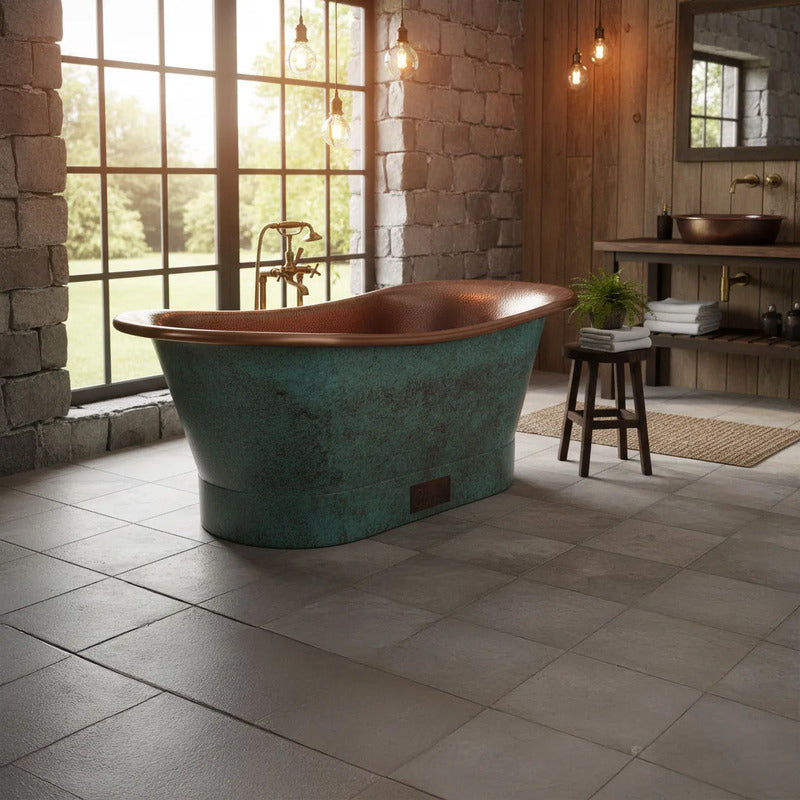 Coppersmith Creations Straight Base Copper Bathtub (1 size, Hammered Antique Finish Interior & Blue Green Patina Exterior Finish) - Brand New Bathrooms