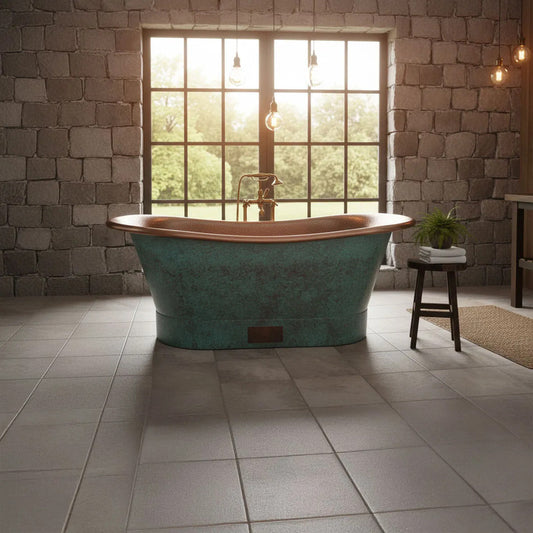Coppersmith Creations Straight Base Copper Bathtub (1 size, Hammered Antique Finish Interior & Blue Green Patina Exterior Finish) - Brand New Bathrooms