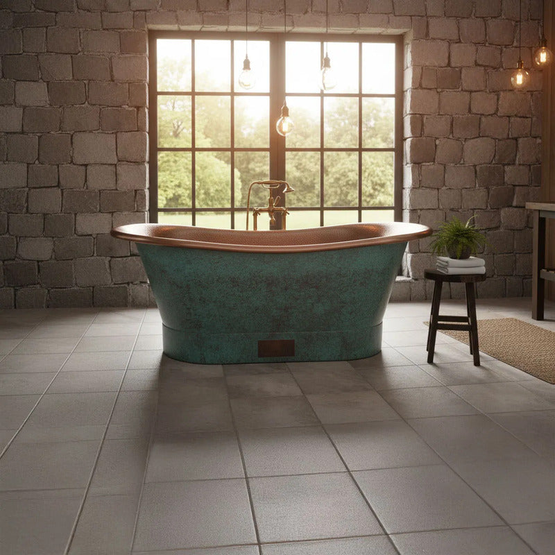 Coppersmith Creations Straight Base Copper Bathtub (1 size, Hammered Antique Finish Interior & Blue Green Patina Exterior Finish) - Brand New Bathrooms