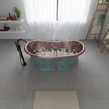 Coppersmith Creations Slanting Base Copper Bathtub (1 size, Hammered Antique Copper Interior & Patina Exterior ) - Brand New Bathrooms