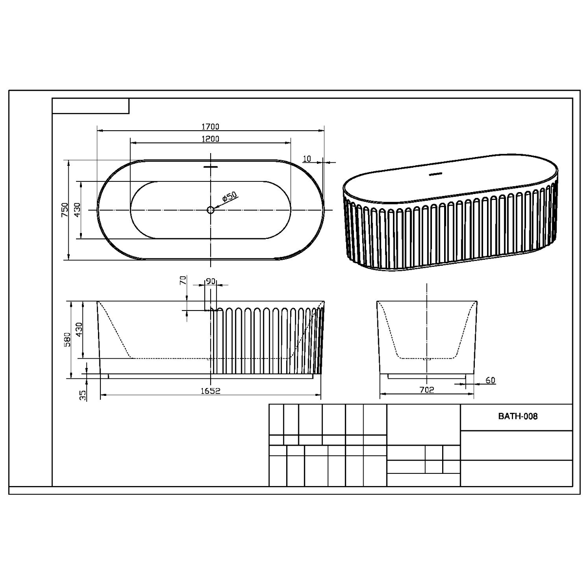 Scudo Lira Oval Fluted Freestanding Bathtub (1 size, 4 colours) - Brand New Bathrooms