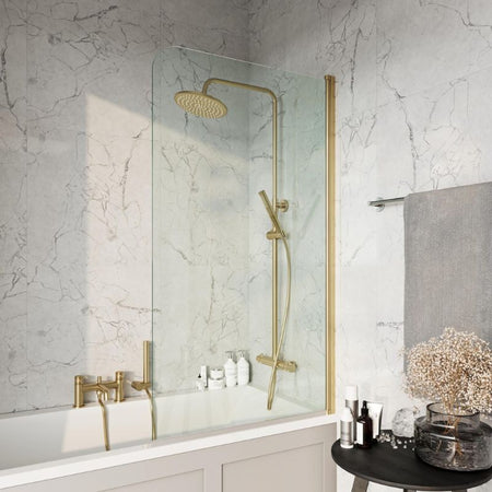 Scudo S6 Brushed Brass Radius 6mm Glass Bath Screen (H1400 x W800mm) - Brand New Bathrooms