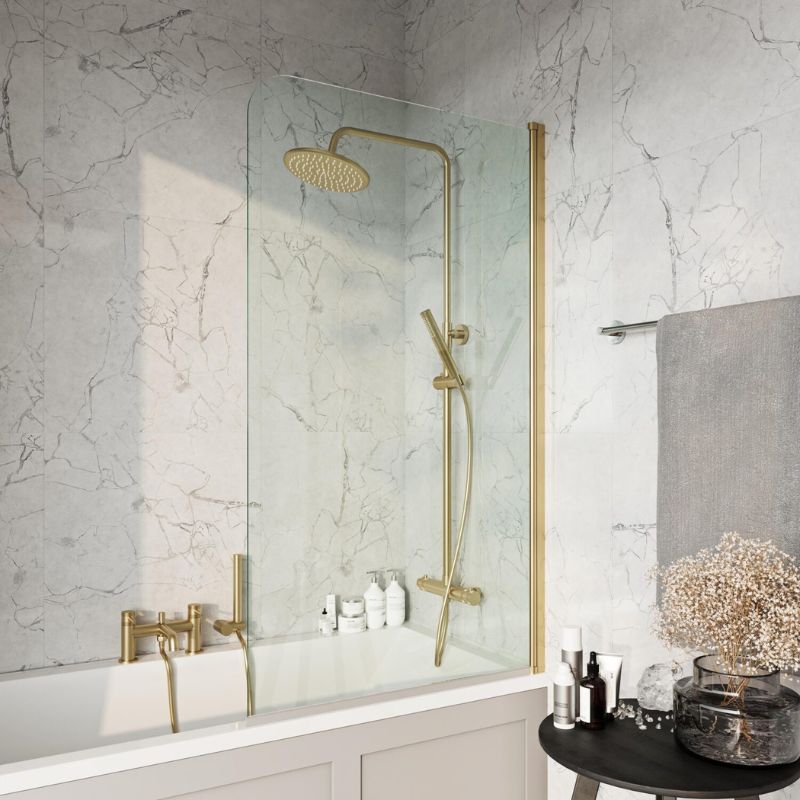 Scudo S6 Brushed Brass Radius 6mm Glass Bath Screen (H1400 x W800mm) - Brand New Bathrooms