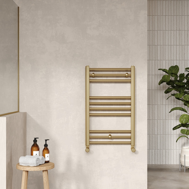 Nuie Lorica Straight Towel Radiator with Round Rails (2 sizes, Brushed Brass) - Brand New Bathrooms
