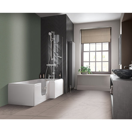 Mantaleda Larimar L-Shaped Shower Bathtub & Bath Screen (1 size, 2 styles, White) - Brand New Bathrooms