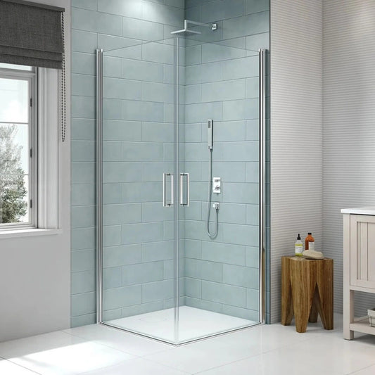 Merlyn 8 Series Frameless | Pivot Door Corner Shower Wall (4 sizes, Chrome)