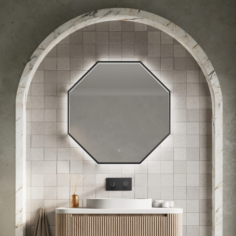 Scudo Passa Octagonal LED Mirror with Demister Pad (2 sizes, 2 colours) - Brand New Bathrooms