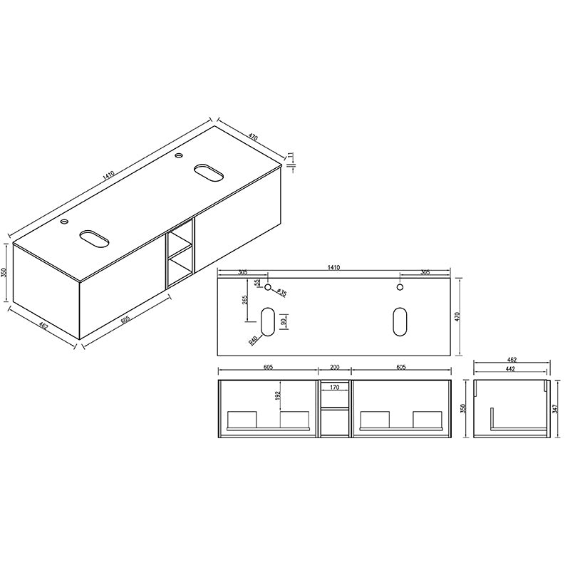 Tailored Bathrooms Piatta Wall Hung 1400mm Double Vanity Unit with Centre Storage and Sintered Stone Counter Top (1 size, 4 colours) - Brand New Bathrooms