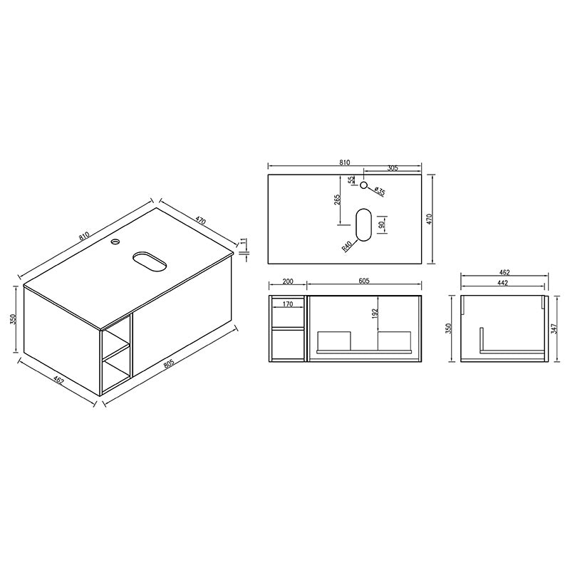 Tailored Bathrooms Piatta Wall Hung 800mm Vanity Unit with Side Storage & Left Hand Sintered Stone Counter Top (1 size, 4 colours) - Brand New Bathrooms