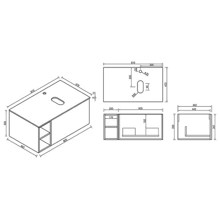 Tailored Bathrooms Piatta Wall Hung 800mm Vanity Unit with Side Storage & Left Hand Sintered Stone Counter Top (1 size, 4 colours) - Brand New Bathrooms