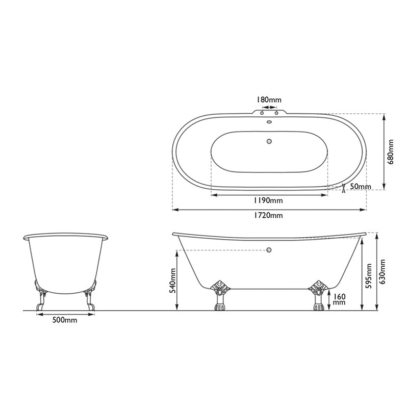 Hurlingham Prior Double Ended Cast Iron Clawfoot Bathtub (1 size, any colour) - Brand New Bathrooms