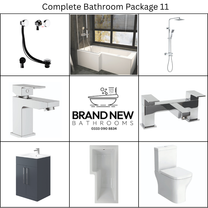 Giavani Bathrooms Complete Bathroom Suite with 1700mm L-Shape Right-Handed Shower Bath, Chrome Brassware & Vanity Unit (3 colours)