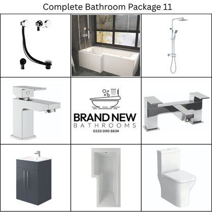 Giavani Bathrooms Complete Bathroom Suite with 1700mm L-Shape Right-Handed Shower Bath, Chrome Brassware & Vanity Unit (3 colours)