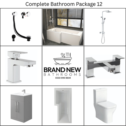 Giavani Bathrooms Complete Bathroom Suite with 1700mm L-Shape Right-Handed Shower Bath, Chrome Brassware & Vanity Unit (3 colours)