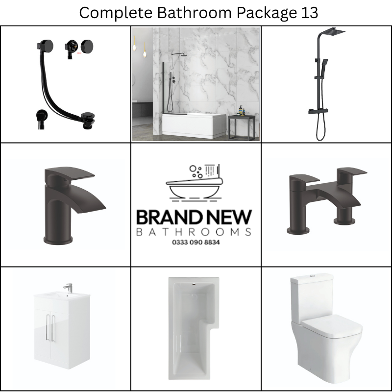 Giavani Bathrooms Complete Bathroom Suite with 1700mm L-Shape Left-Handed Shower Bath, Black Brassware & Vanity Unit (3 colours)