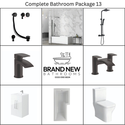 Giavani Bathrooms Complete Bathroom Suite with 1700mm L-Shape Left-Handed Shower Bath, Black Brassware & Vanity Unit (3 colours)