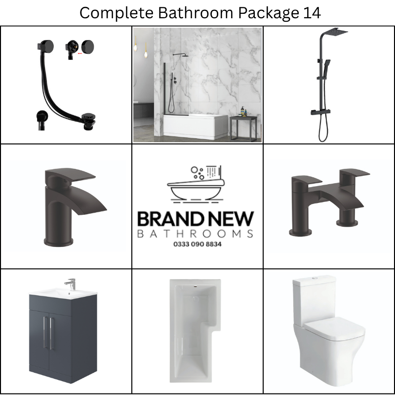 Giavani Bathrooms Complete Bathroom Suite with 1700mm L-Shape Left-Handed Shower Bath, Black Brassware & Vanity Unit (3 colours)
