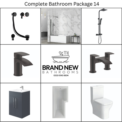 Giavani Bathrooms Complete Bathroom Suite with 1700mm L-Shape Left-Handed Shower Bath, Black Brassware & Vanity Unit (3 colours)