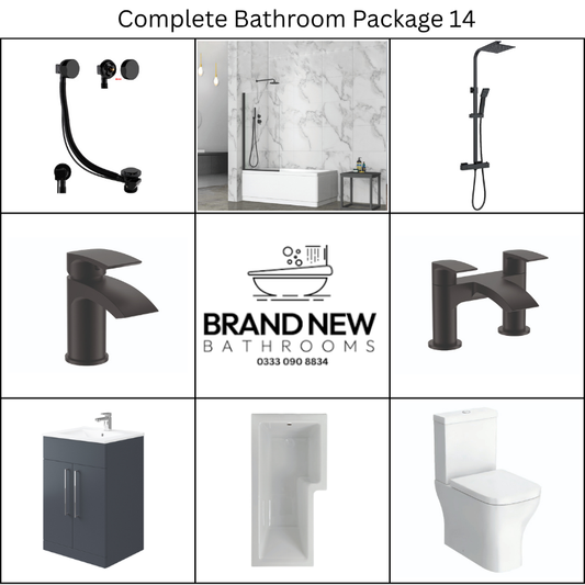 Giavani Bathrooms Complete Bathroom Suite with 1700mm L-Shape Left-Handed Shower Bath, Black Brassware & Vanity Unit (3 colours)