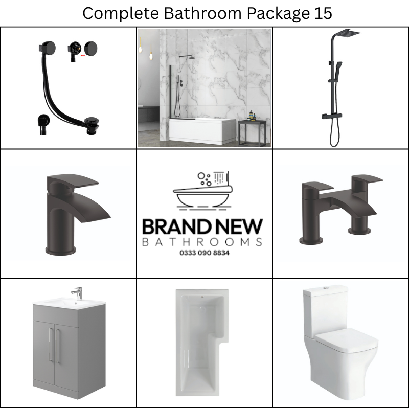 Giavani Bathrooms Complete Bathroom Suite with 1700mm L-Shape Left-Handed Shower Bath, Black Brassware & Vanity Unit (3 colours)