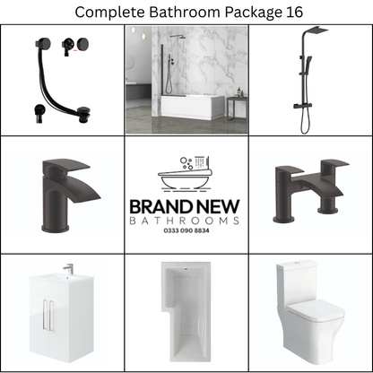 Giavani Bathrooms Complete Bathroom Suite with 1700mm L-Shape Right-Handed Shower Bath, Black Brassware & Vanity Unit (3 colours)