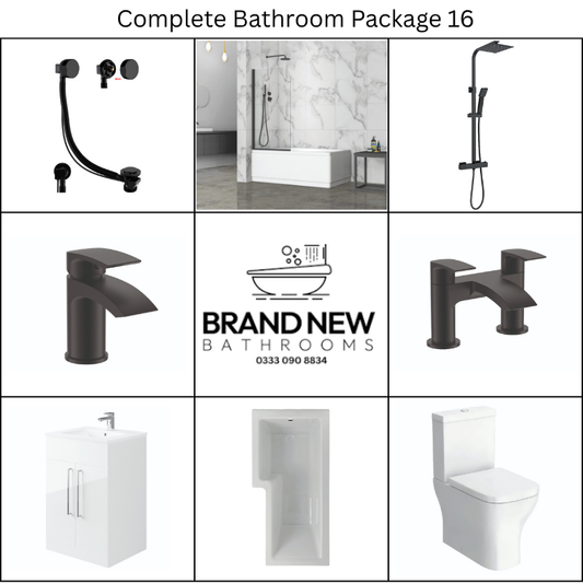 Giavani Bathrooms Complete Bathroom Suite with 1700mm L-Shape Right-Handed Shower Bath, Black Brassware & Vanity Unit (3 colours)