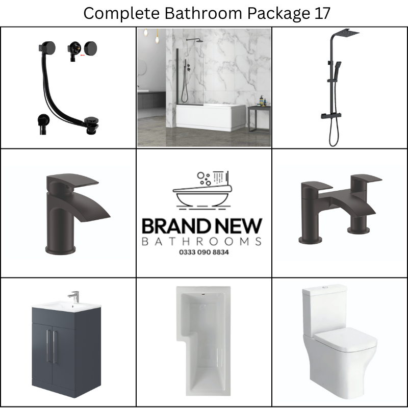 Giavani Bathrooms Complete Bathroom Suite with 1700mm L-Shape Right-Handed Shower Bath, Black Brassware & Vanity Unit (3 colours)
