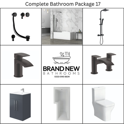 Giavani Bathrooms Complete Bathroom Suite with 1700mm L-Shape Right-Handed Shower Bath, Black Brassware & Vanity Unit (3 colours)